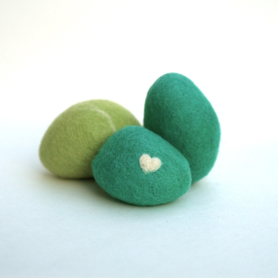 Felted Pebble, rocks stones wool felt home decor natural love heart colorful Spring Easter gift dude hostess gift moss teal green blue - 3