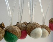 Candy Cane Ornaments, Acorn Christmas Tree Decorations, Needle Felted, Set of 12 Hanging Felted Acornsteamt