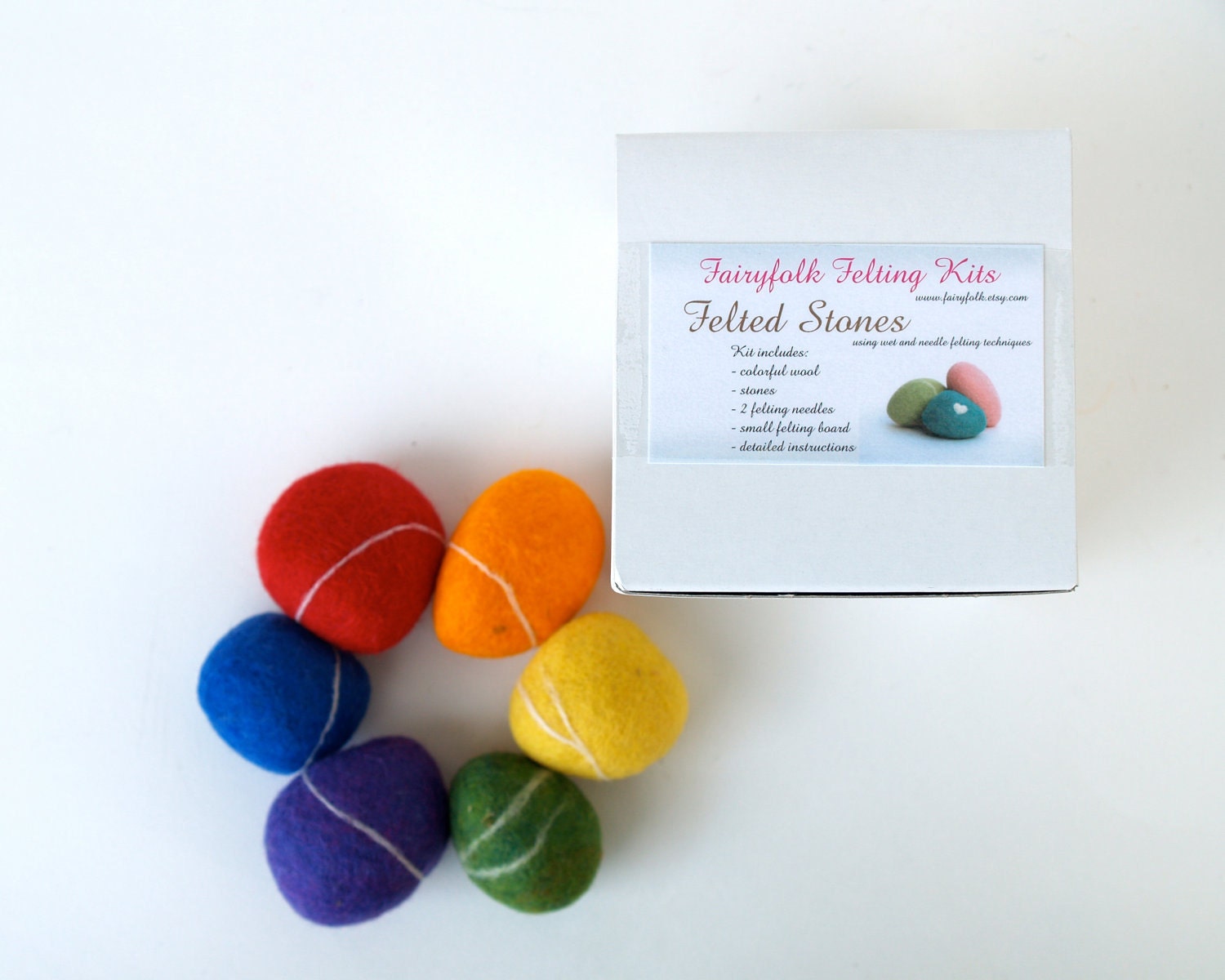 Rainbow Rock Kit, learn how to needle felt and wet felt handmade craft DIY new hobby wool covered stone pebble crafting with kids children
