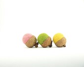 Pastel Needle Felted Acorns, Blushing Bubblegum Pink, Moss Green and Sunny Yellow, Unique Home Decor, Wedding Favors,12