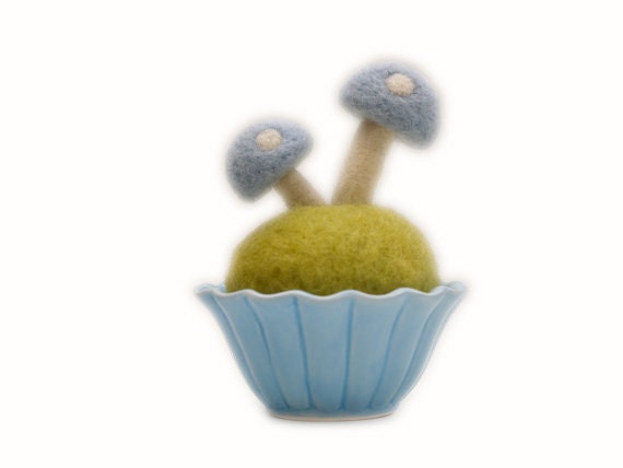 Nursery Art Display, Baby Blue Toadstools, Needle Felted, in a blue dish, mossy woodland whimsy, boy, Waldorf nature inspired