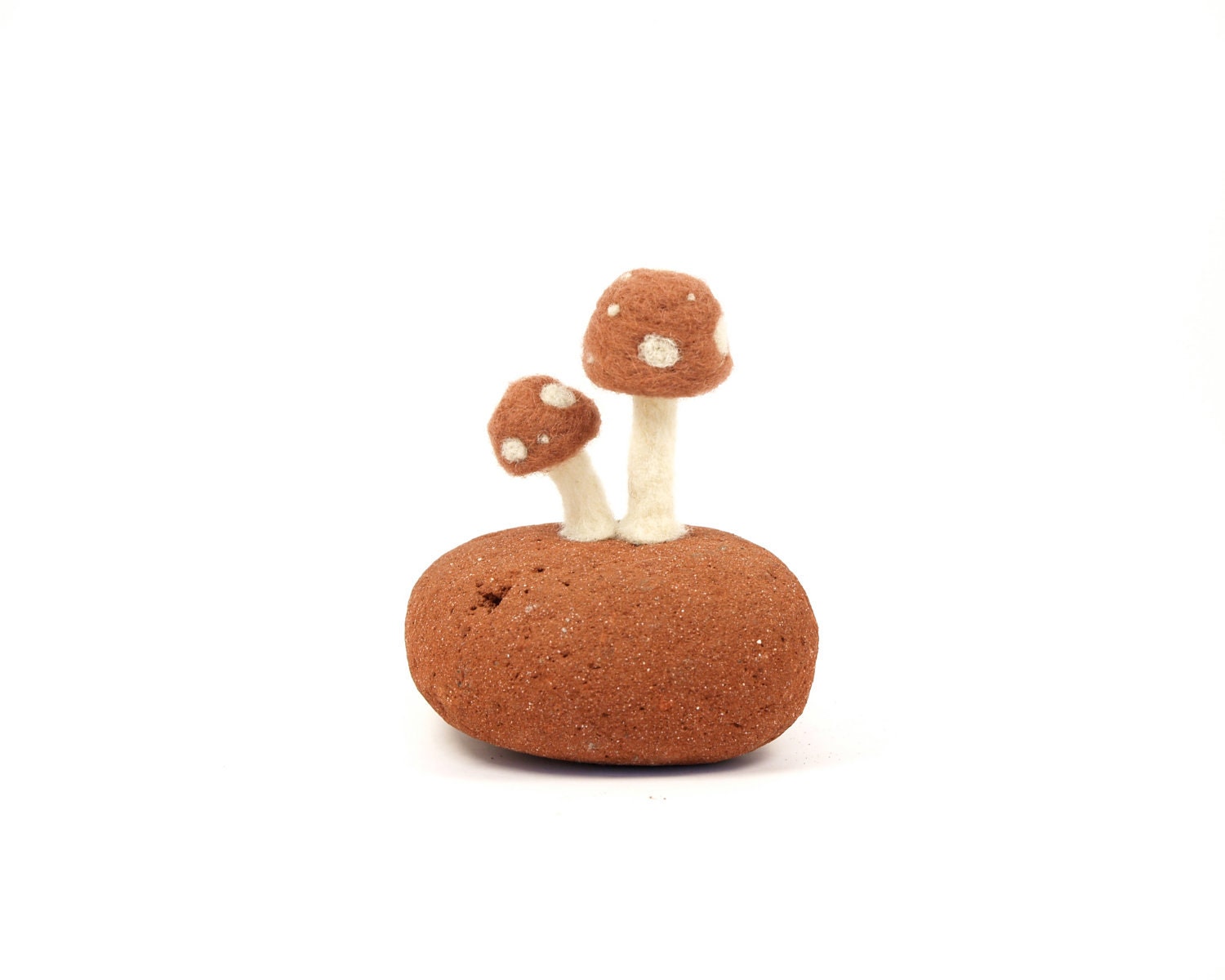 Brown Toadstool and Red Terracotta Sea Brick Art Sculpture, Needle Felted Wool and real sea brick, Whimsical Woodland Scene Fathers Day Gift