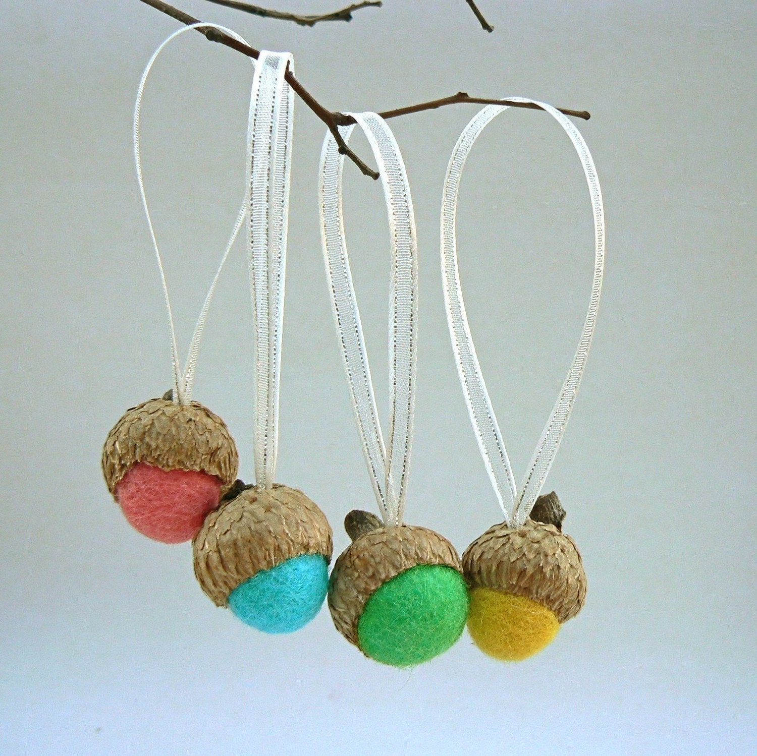 Handmade Christmas Ornaments, Acorn Ornaments, Decorations, 10 Hanging Felted Acorns, colorful pastel wool rainow, eco friendly, all natural
