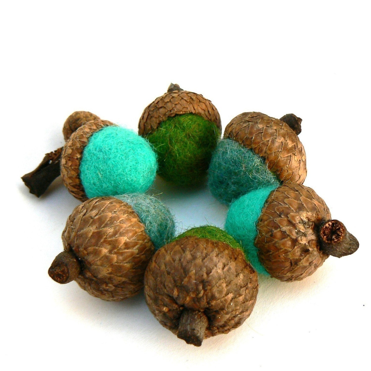 Needle Felted Acorns, 6 Turquoise Wool Home Decor Teal Blue Green Handmade Waldorf Woodland Natural Nature Autumn Fall Thanksgiving Country