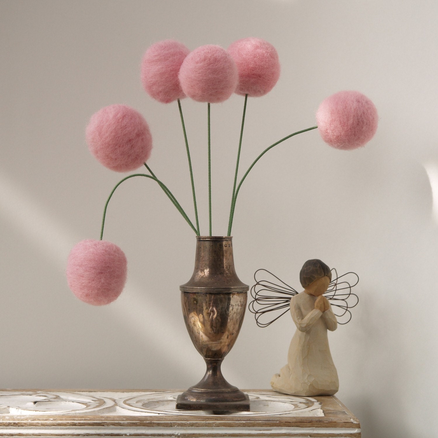Wool Pom Pom Flowers, felt Craspedia Billy Button Ball Bloom home decor Blushing Pink handmade pompom wedding bouquet decoration large