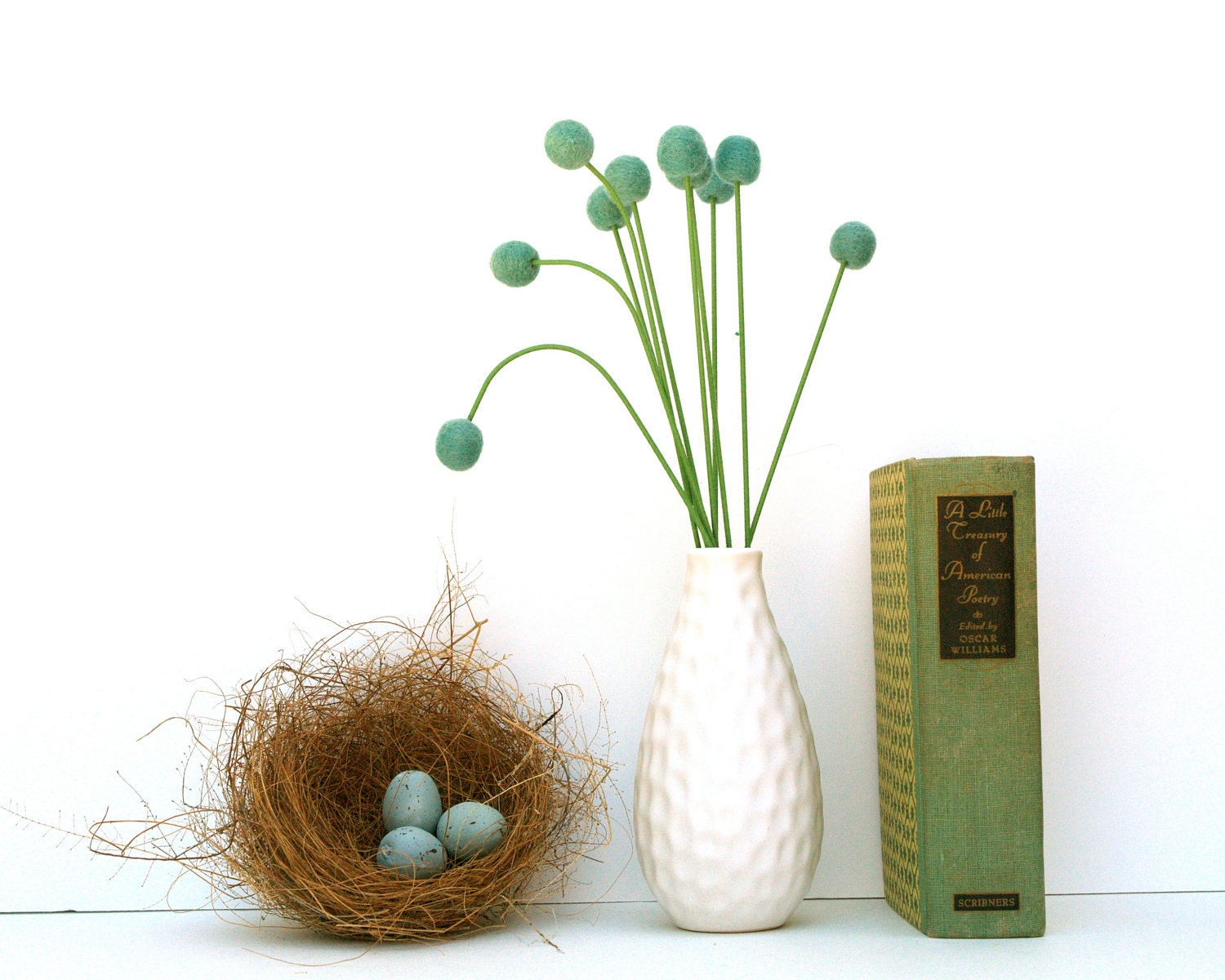 Wool Flowers, felt Craspedia Billy Button Ball Blooms Easter Egg home decor teal turquoise blue green handmade housewarming gift pom pom
