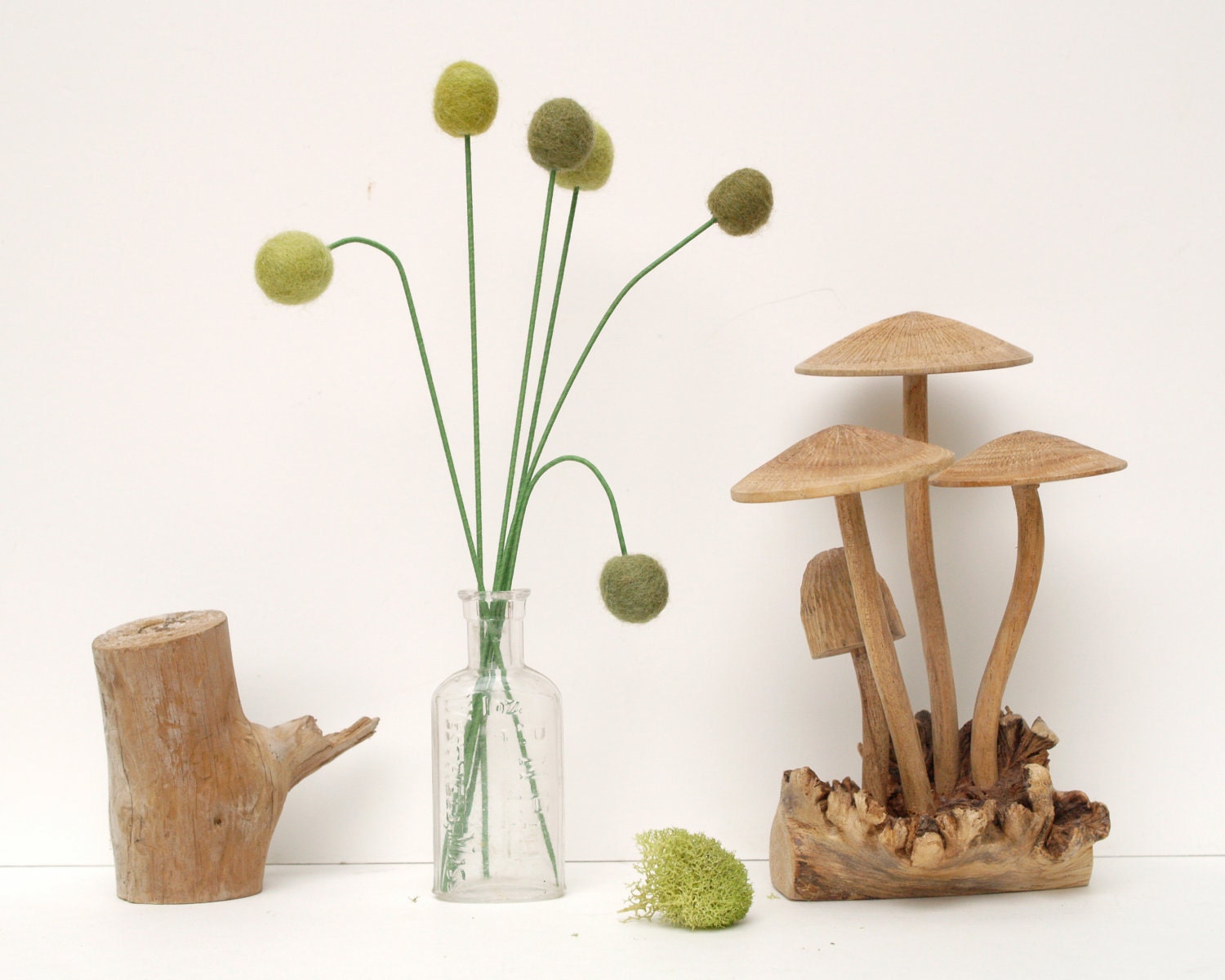 Colorful Handmade Flowers, Wool Felt Craspedia Billy Button Balls, Woodland Green, Olive Moss Forest, Home Decor Decorating eco Friendly