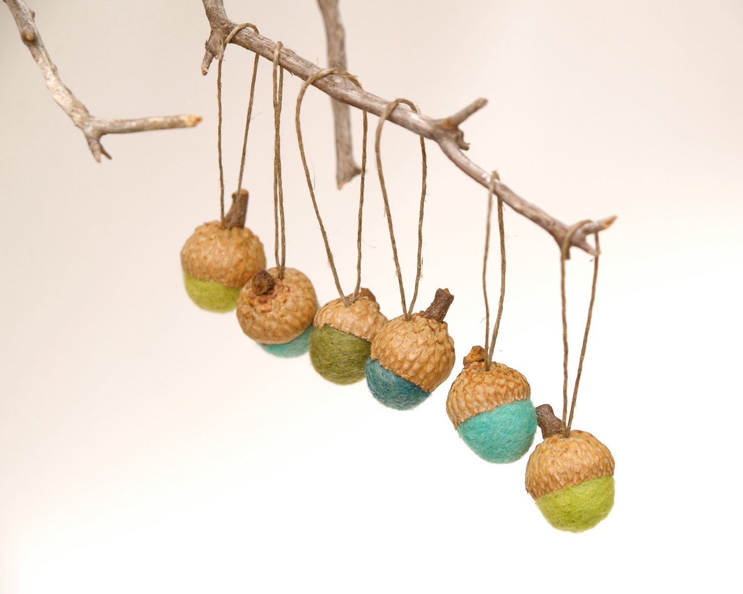 Woodland Acorn Ornaments, Christmas Decorations, 8 Wool Felt Needle Home Decor, Greens and Blues, wedding baby shower favorsteamt