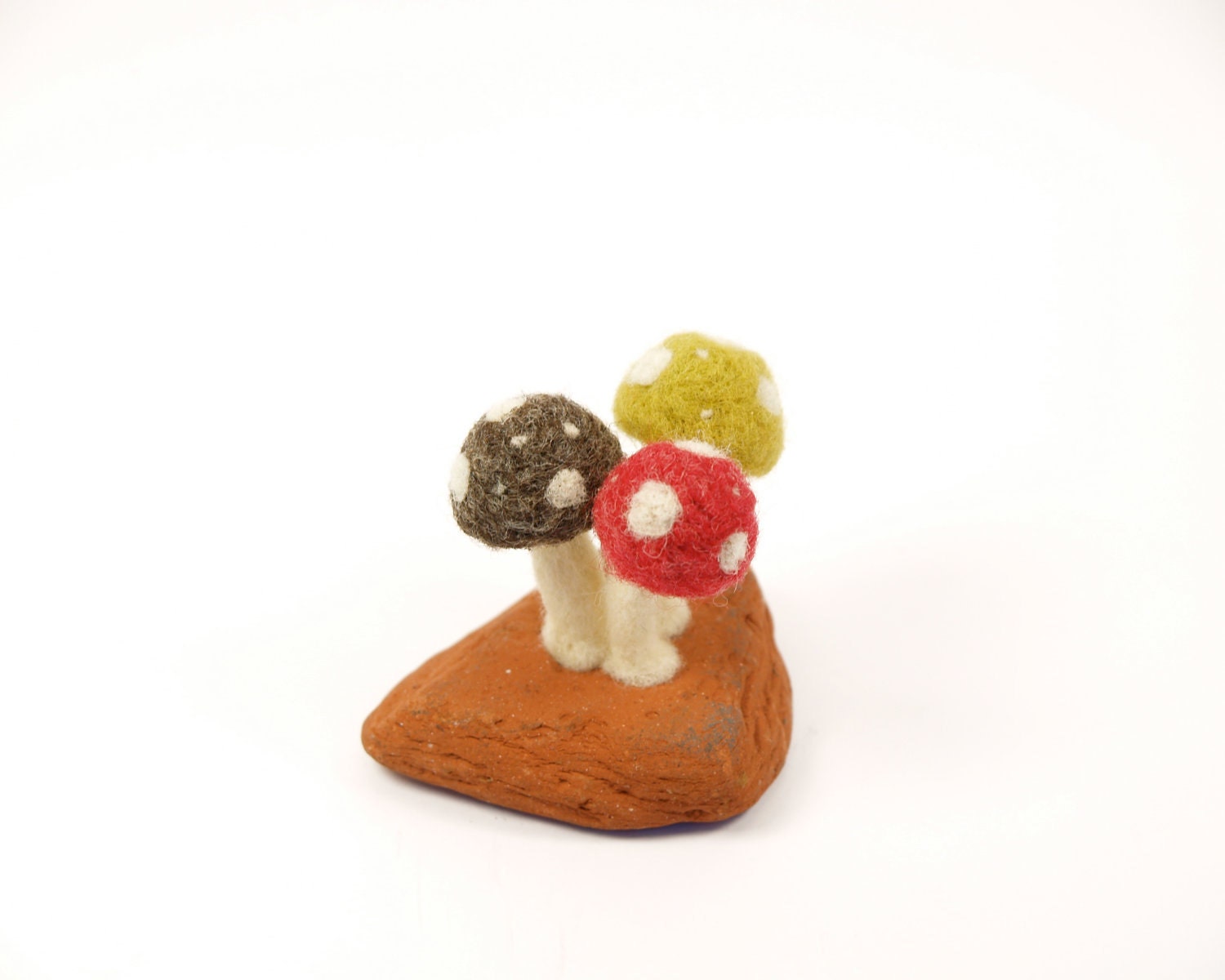 Woodland Toadstools and Red Terracotta Sea Brick Art Sculpture, Needle Felted Wool and real sea brick, Whimsical Woodland Christmas Gift