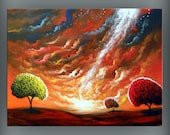 art original abstract lollipop tree painting cloud stars red landscape Large painting 18 x 24