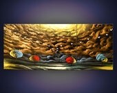 art ORIGINAL painting canvas abstract metallic gold clouds tree painting landscape sunset bird naive original lollipop tree cloud Mattsart