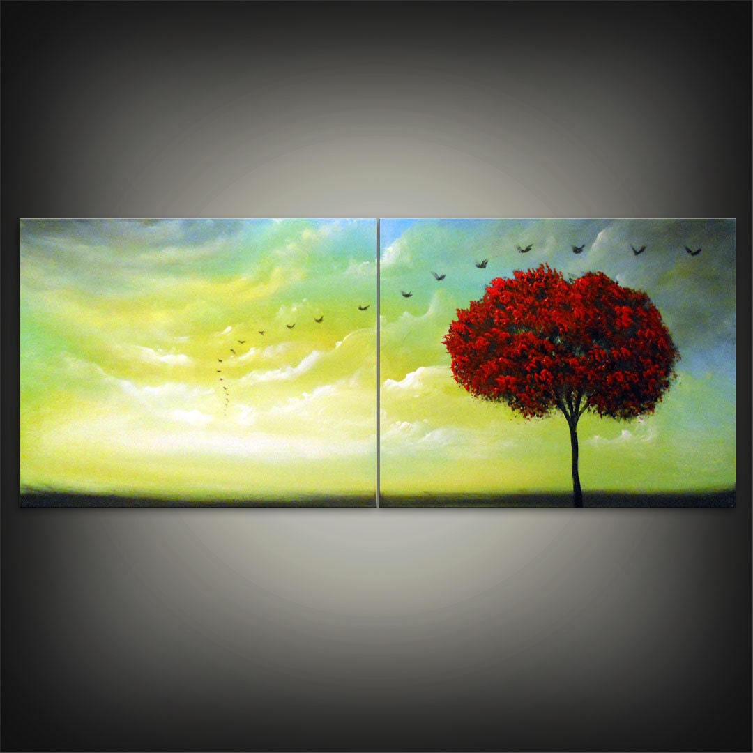mid century abstract tree painting bird painting cloud nature blue sky lollipop sunset 16 x 40 original illustration art Mattsart