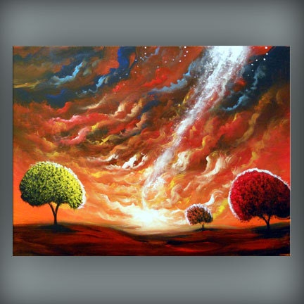 art original abstract lollipop tree painting cloud stars red landscape Large painting 18 x 24