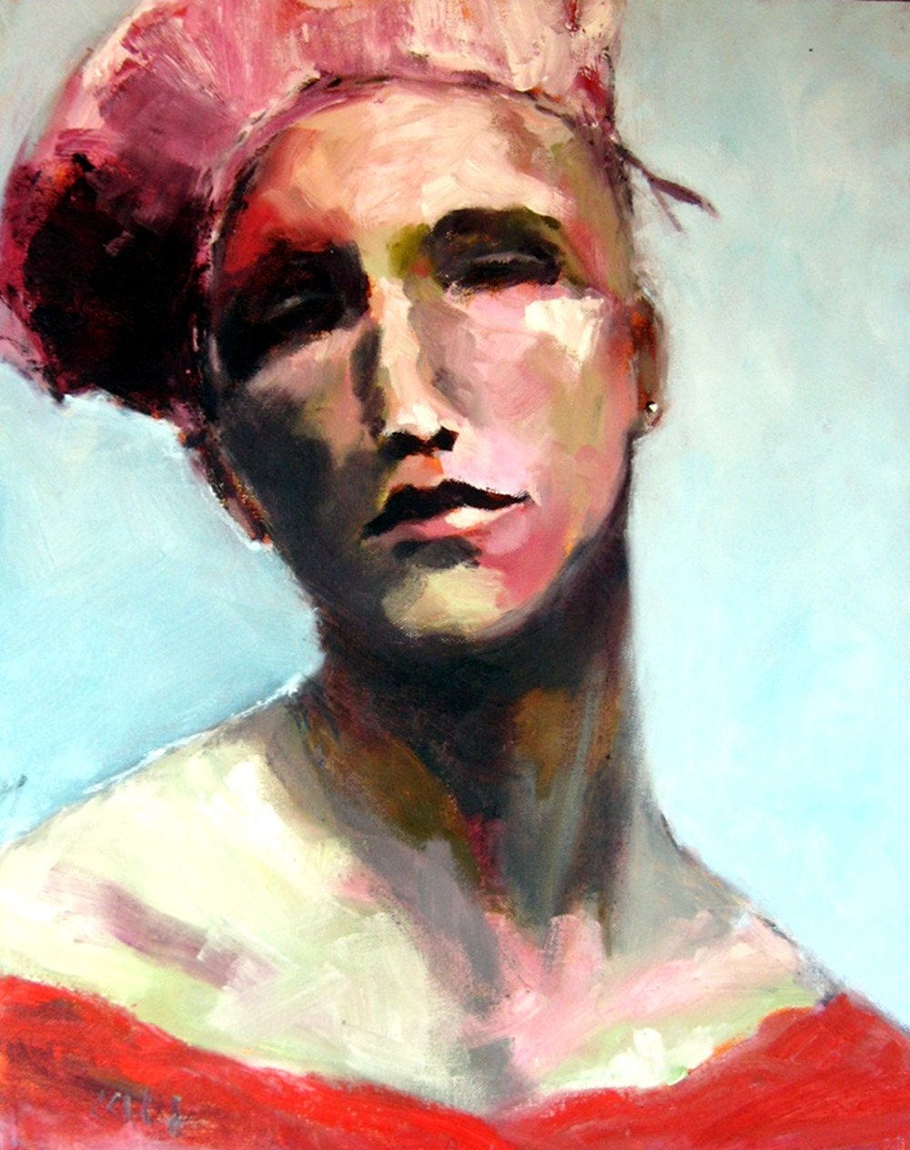 Woman in a Red Hat Oil Original Painting on Canvas in Teal Red and Pink