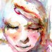 Blue Angel Face of a Young Woman In Watercolor Blues and Purples and Pinks