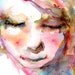 Blue Angel Face of a Young Woman In Watercolor Blues and Purples and Pinks
