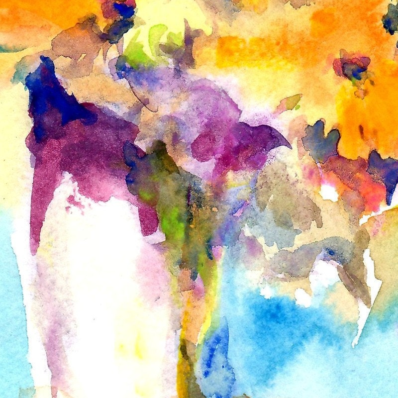 Watercolor Flowers Giclee Print in Gold Orange and Yellow 8x10 Abstract