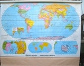 Vintage Rand McNally Pull Down Simplified School Wall Map of the World