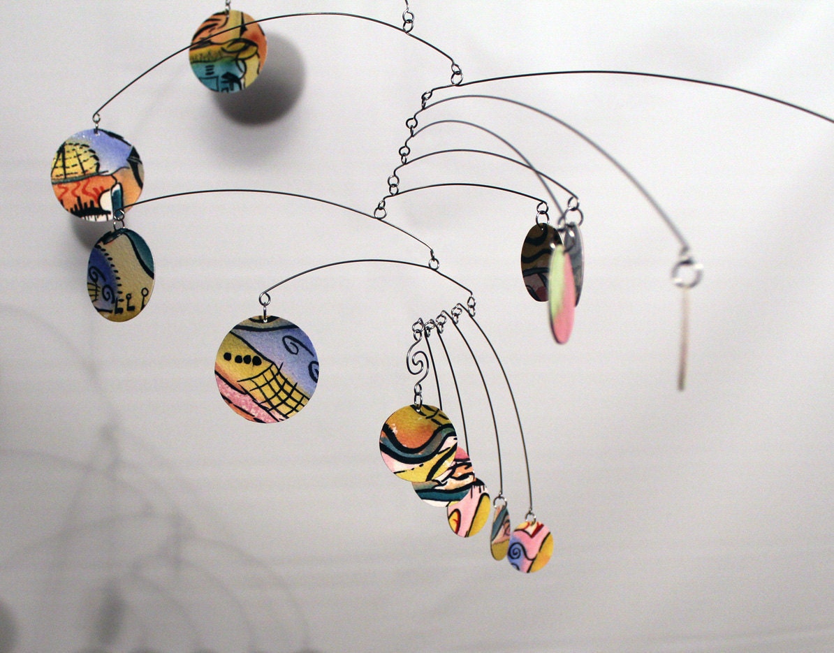 Hand Painted Designer Mobile - Kinetic Art Mobile Sculpture in Blues - Calder Style