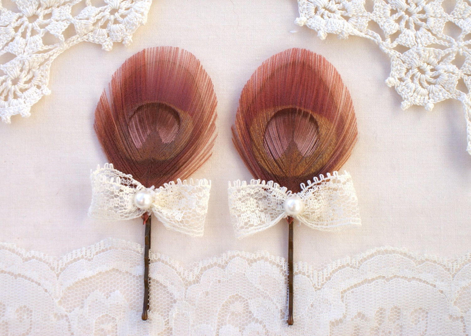 4 Bridesmaid Hair Accessories, Hair Pins, Spring Wedding, Latte Wedding - Lace Bow - pink, blush, ivory - Bridesmaid Gift