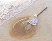 Holiday Hair Accessory, VANILLA  Feather Hair Pin, Party Hair Piece, Christmas Hair - lace cream ivory champagne - gifts for her under 15