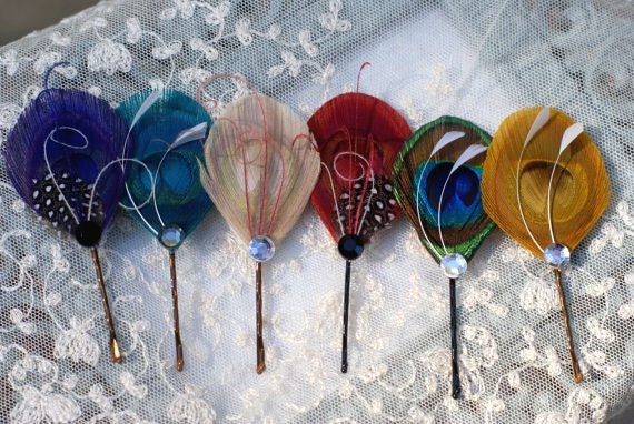 Hair Pins - Peacock Feather Hair Pin - Set of Two - YOU CHOOSE - ready to ship - purple, turquoise, ivory, red, blue, yellow,
