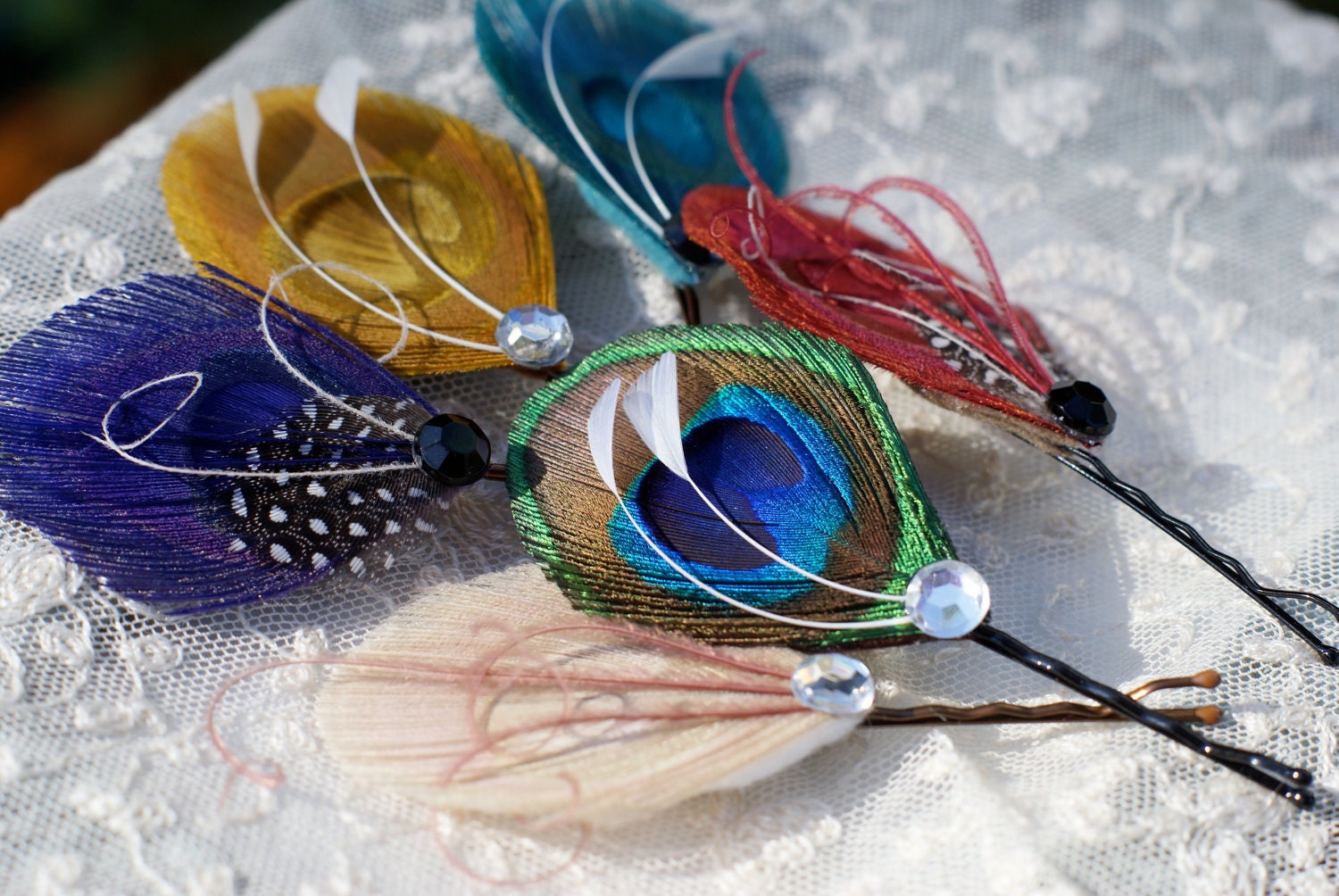 Hair Pins - Peacock Feather Hair Pin - Set of Two - YOU CHOOSE - ready to ship - purple, turquoise, ivory, red, blue, yellow,