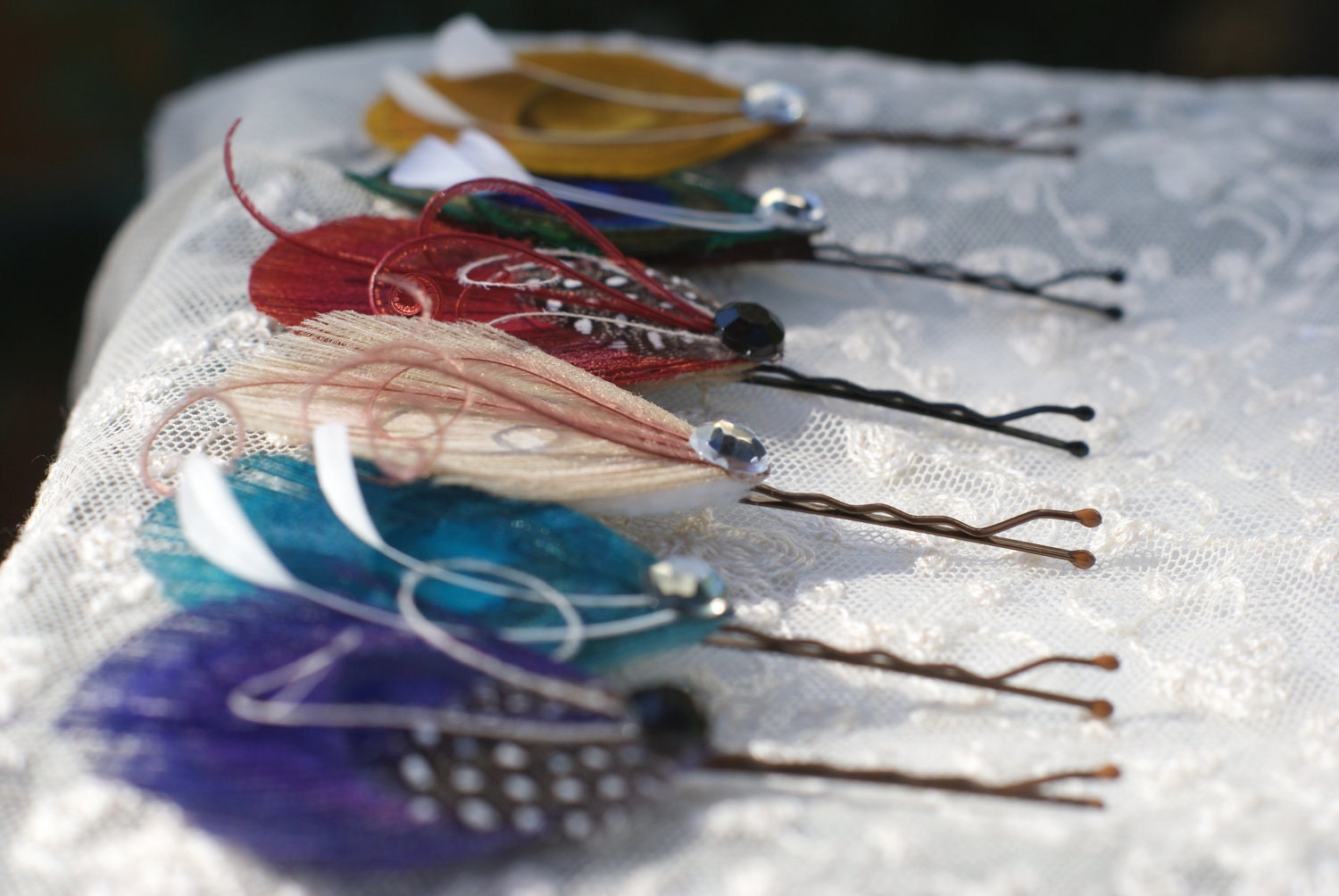 Hair Pins - Peacock Feather Hair Pin - Set of Two - YOU CHOOSE - ready to ship - purple, turquoise, ivory, red, blue, yellow,
