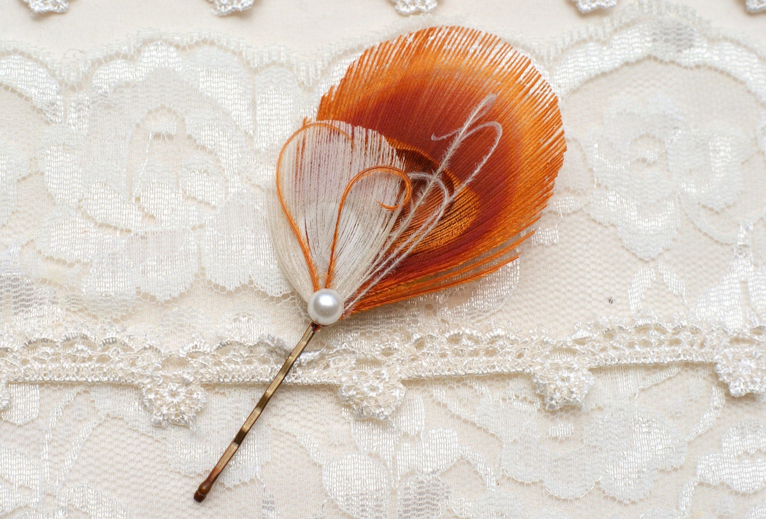 3 Bridesmaid Feather Hair Pins, Peacock Hair Accessory, Bridesmaid Gift - Hair Pin in TANGERINE - orange ivory spring wedding