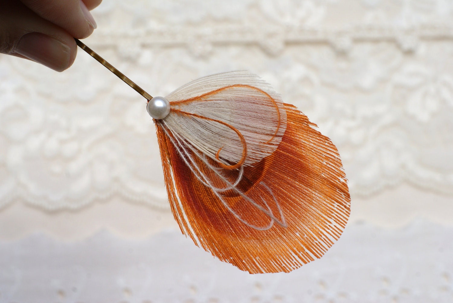 3 Bridesmaid Feather Hair Pins, Peacock Hair Accessory, Bridesmaid Gift - Hair Pin in TANGERINE - orange ivory spring wedding