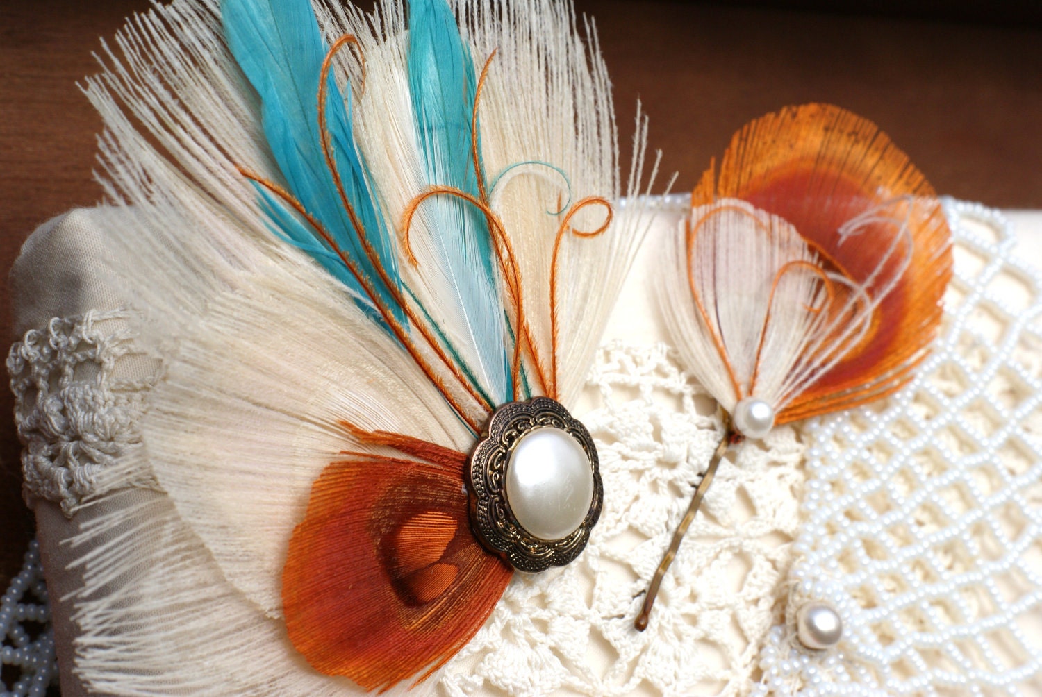 3 Bridesmaid Feather Hair Pins, Peacock Hair Accessory, Bridesmaid Gift - Hair Pin in TANGERINE - orange ivory spring wedding
