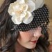 Flower and Feather Fascinator with Teardrop Veil - Golden Champagne, Pearl, Ivory - Bridal Headpiece, Birdcage Veil, Wedding Hair Accessory