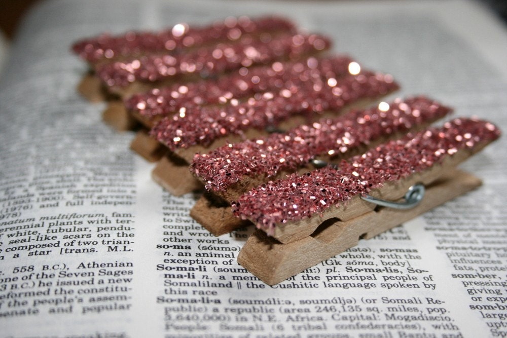 Shabby Chic Clothespin Set - Set of 25 - Vintage Pink German Cut Glitter - Home Decor Organization Wedding and Event Decor