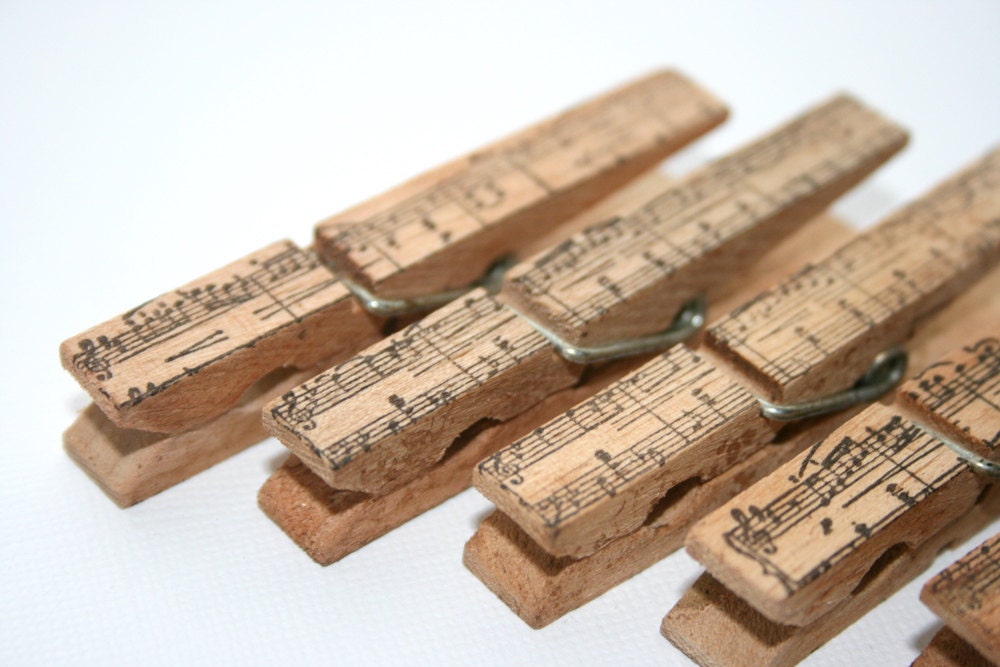 Vintage Musical Notation Stamp Wood Clothespin Set - Shabby Chic Wedding Party Event Decorations Office Organization