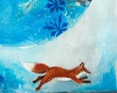 Fox and Moon Illustration mixed media painting-Archival Print, Midnight