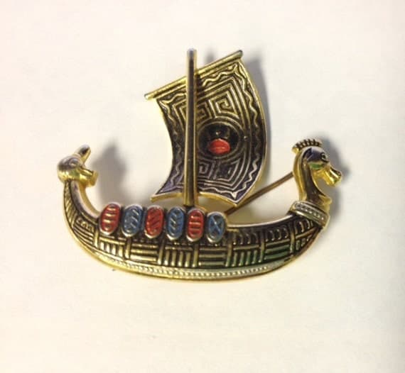 Vintage mid century damascene asian inspired dragon boat brooch, enamel made in spain