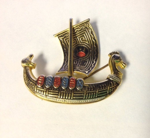 Vintage mid century damascene asian inspired dragon boat brooch, enamel made in spain