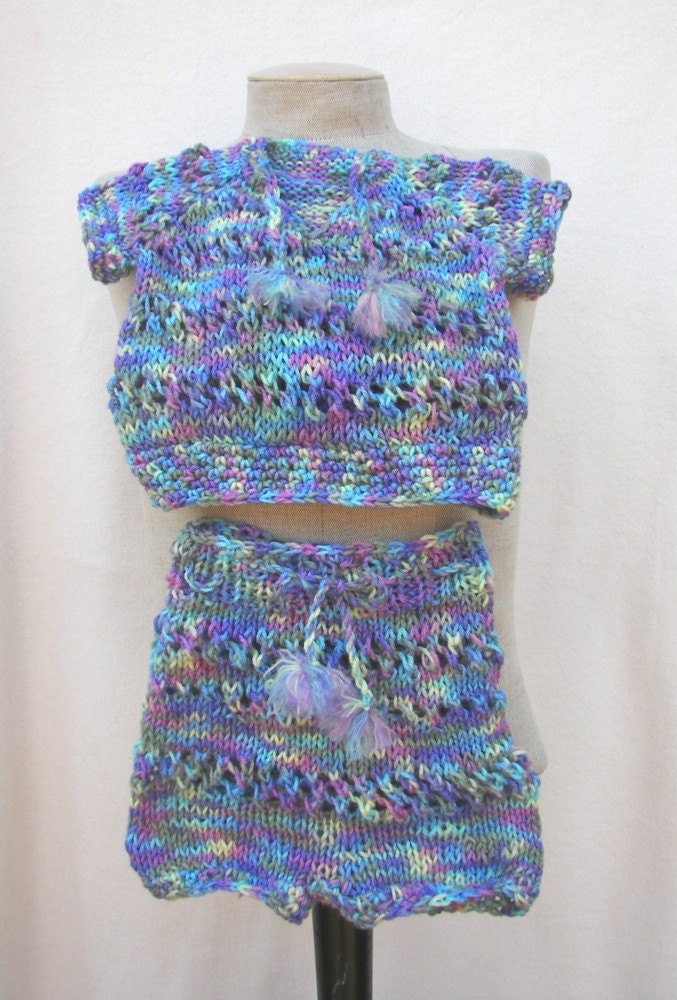 Baby Sweater & Shorties Set in Blue multi Hand Knitted USA
