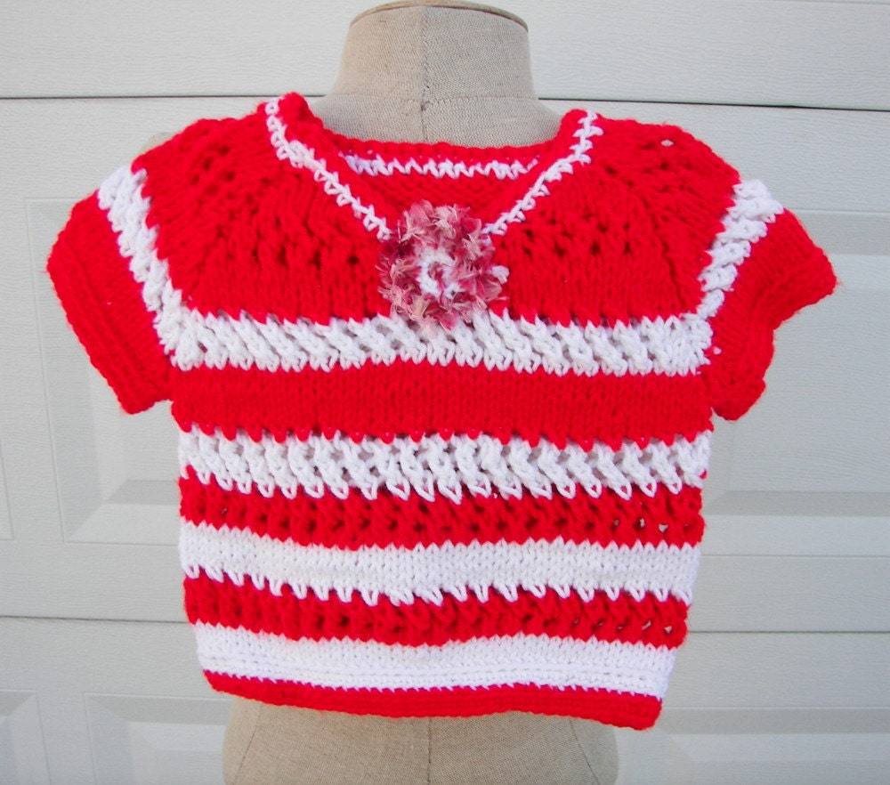 Short Sleeve Sweater for a Girl in RED White Hand Knitted USA
