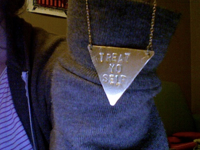 Stamped Triangle Necklace, treat yo self necklace or Custom Message, Geometric Jewelry brass stamped triangle necklace