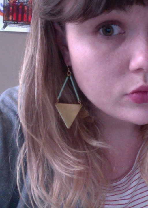 Mint green and brass triangle earrings, statement