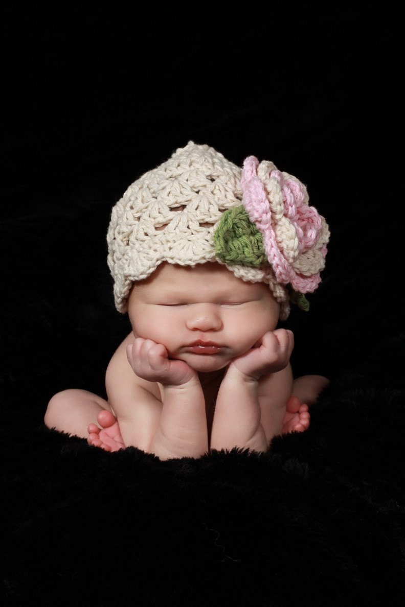 Hand Crocheted Beanie Hat for infant/toddler or girls-ecru/pastel pink//sage green-MADE TO ORDER