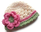 Infant Crochet Hat, Baby Girl Cotton Crochet Beanie Hat, Cream, Pink and Sage Green, MADE TO ORDER