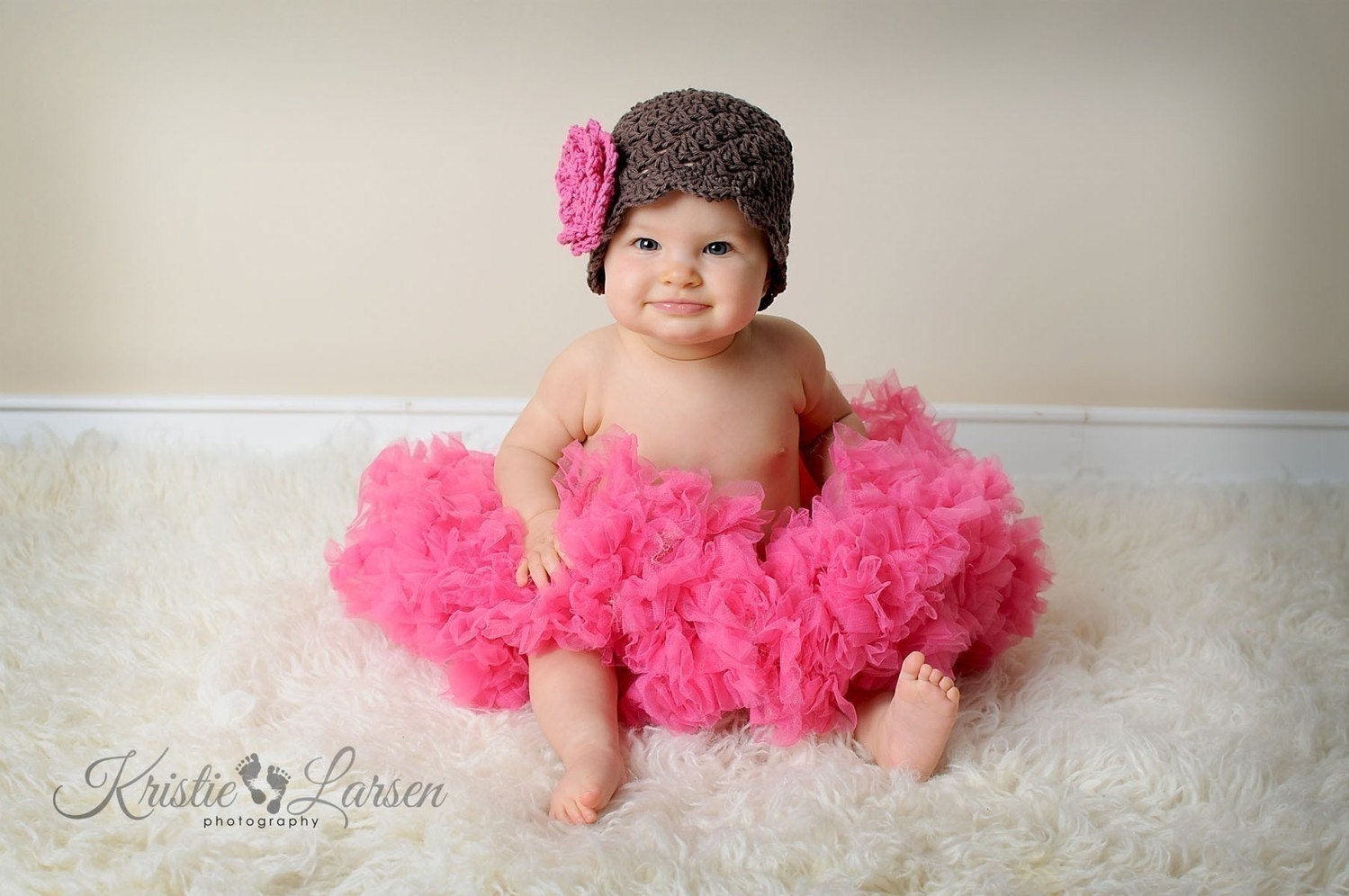 Crochet Baby Hat, Chocolate Brown and Hot Pink Girls Crochet Beanie Hat for infants, newborn, toddlers-MADE TO ORDER