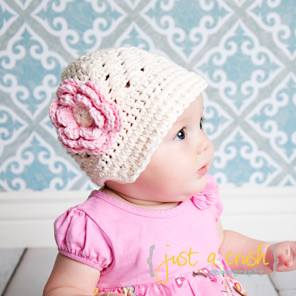 Infant/Toddler Girls Crochet Visor Beanie-Cream, Pink, -MADE TO ORDER