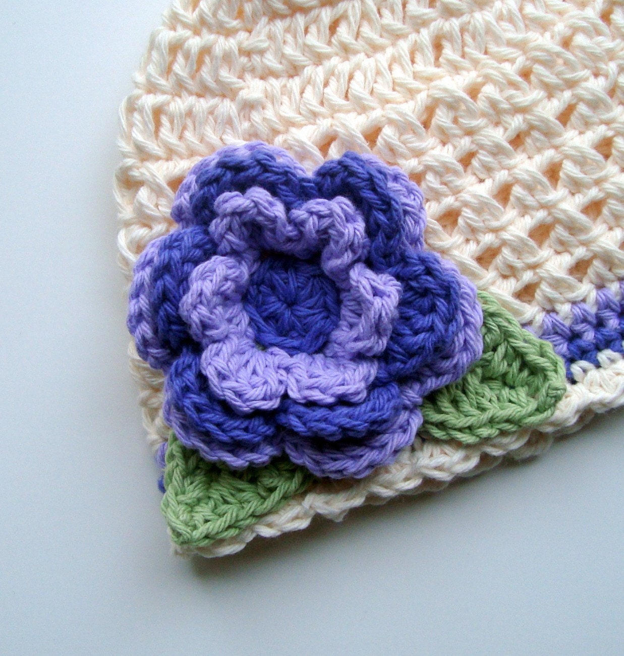 Simply Girly Cream and Lavender Crochet Beanie-custom made for newborn up to 5T-MADE TO ORDER