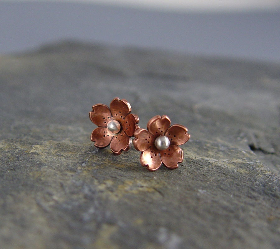 Cherry Blossom copper Post Earrings -POINTED Petals, Plum Blossom, Gifts for her,  Spring Wedding jewelry