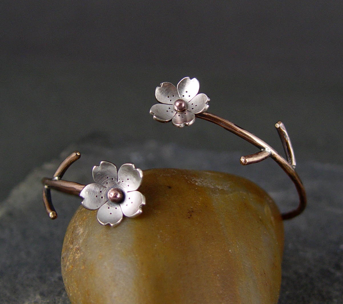 Cherry Blossom Bronze Cuff, Sakura bracelet, Spring Flower Cuff, Gifts for Mom, Gifts for her, Silver Plum Cuff