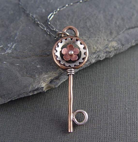 Steampunk Cherry Blossom Key, Mixed Metal Key, Metalsmithing, sakura, spring Jewelry, Gifts for Her, Mother's Day