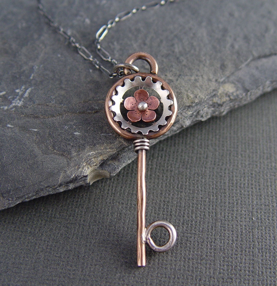 Steampunk Cherry Blossom Key, Mixed Metal Key, Metalsmithing, sakura, spring Jewelry, Gifts for Her, Mother's Day